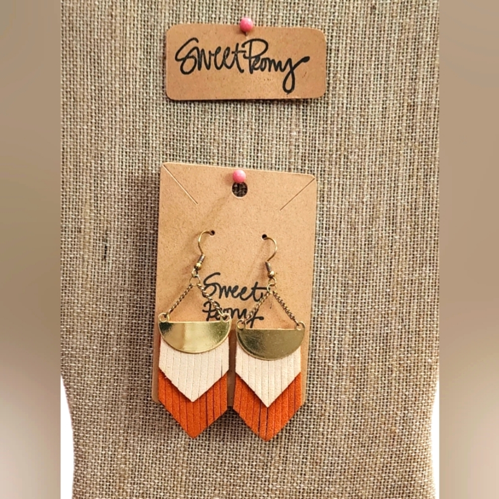 Leather Fringe Orange Peach Cream Earring Tassel Boho  Pumpkin Western Gold